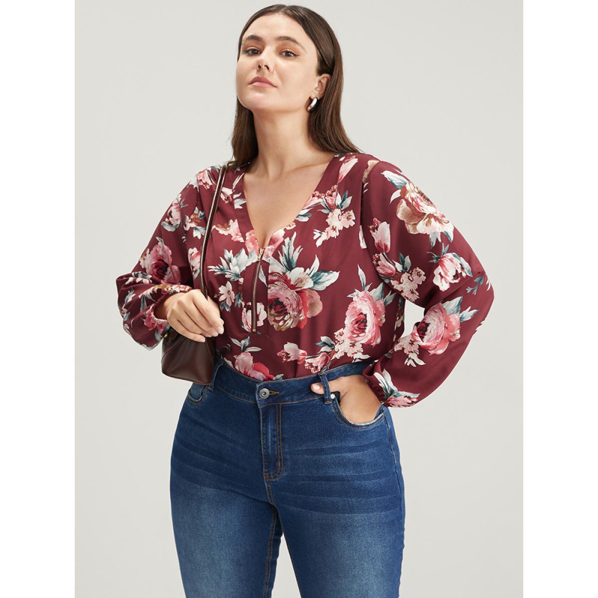 Plus Size Burgundy Floral Lantern Sleeve Zipper V Neck Blouse Women Elegant Long Sleeve V-neck Dailywear Blouses BloomChic 26/4X Product Image