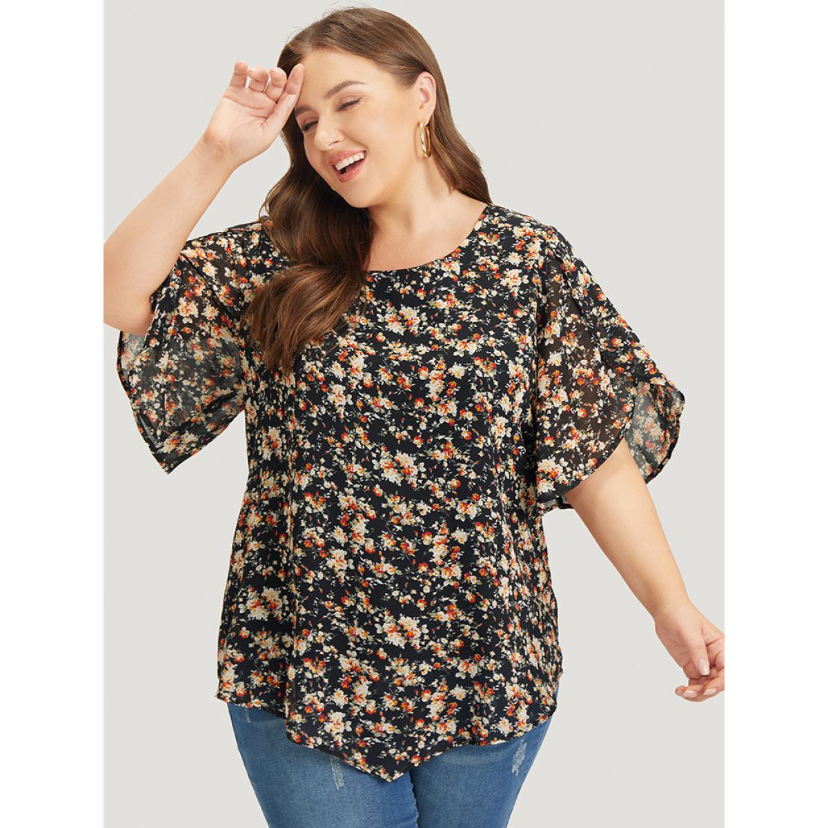 Plus Size Black Ditsy Floral Split Petal Sleeve Crew Neck Blouse Women Elegant Short sleeve Round Neck Dailywear Blouses BloomChic 12/L Product Image