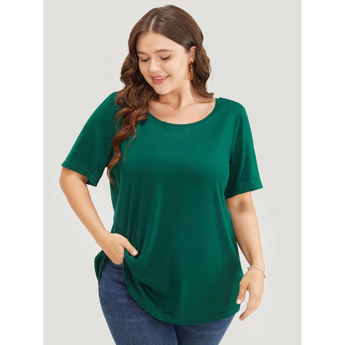Plus Size Solid Contrast Lace Crisscross Back T-shirt DarkGreen Women Elegant Lace Plain Round Neck Dailywear T-shirts BloomChic 10/M Product Image