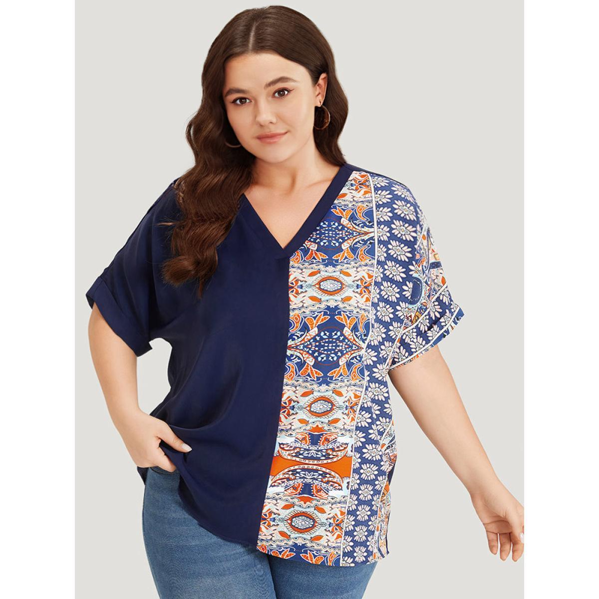 Plus Size Indigo Bandana Print Patchwork Contrast Roll Batwing Sleeve Blouse Women Vacation Short sleeve V-neck Dailywear Blouses BloomChic 26/4X Product Image
