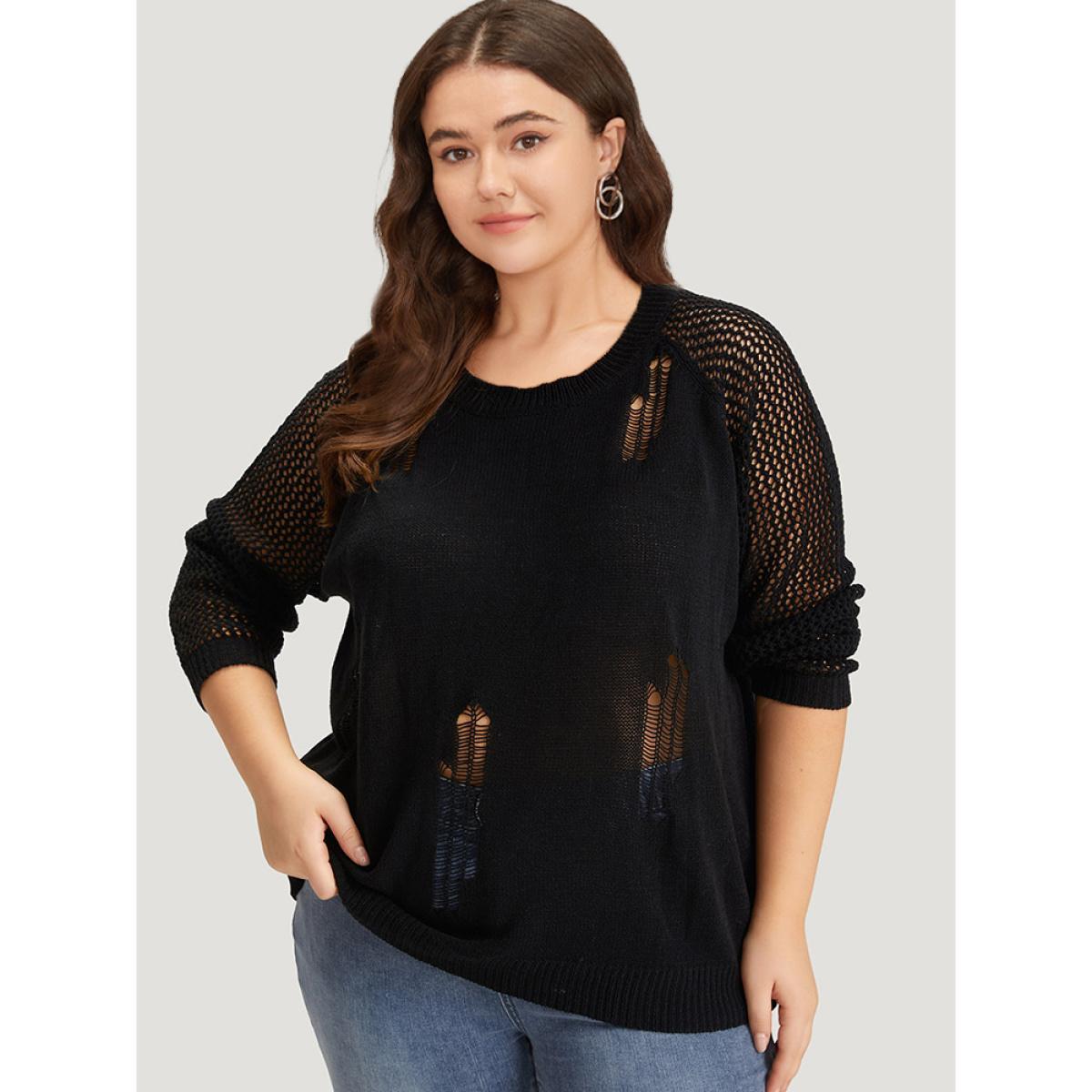 Plus Size Hollow Out Patchwork Raglan Sleeve Ripped Pullover Black Women Casual Loose Long Sleeve Round Neck Dailywear Pullovers BloomChic 10/M Product Image