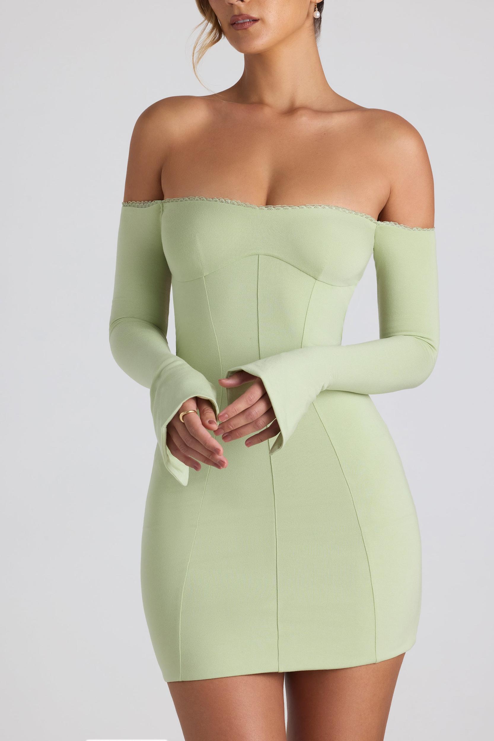 Modal Off-Shoulder Lace-Trim Mini Dress in Spring Green Product Image