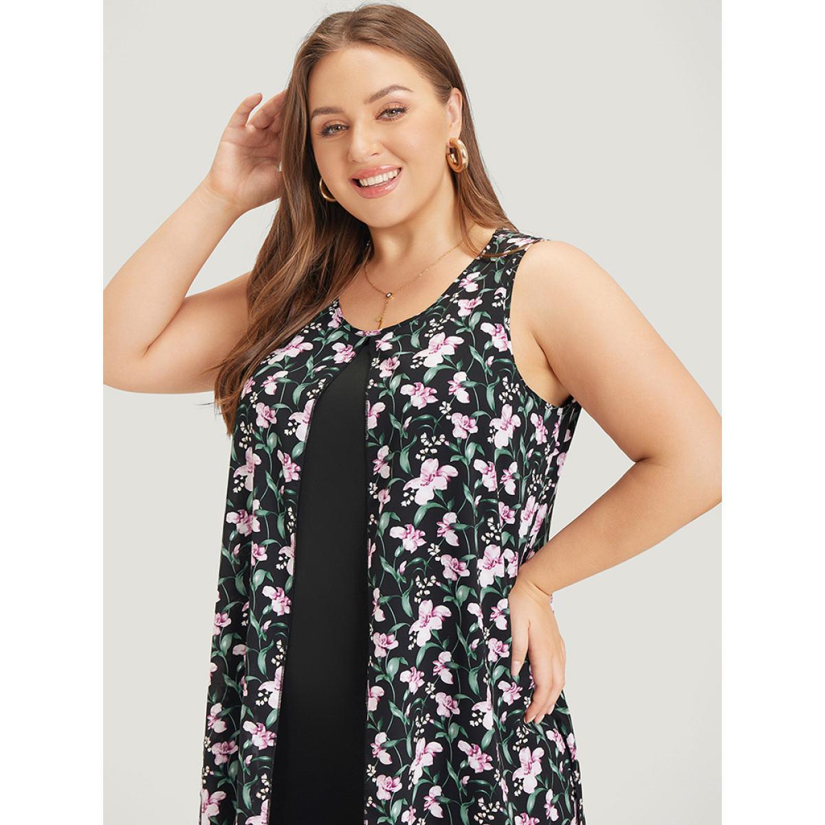 Plus Size Floral Patchwork Round Neck Split Hem Tank Dress BlackFlower Women Elegant Patchwork Round Neck Sleeveless Curvy Knee Dress BloomChic 26/4X Product Image