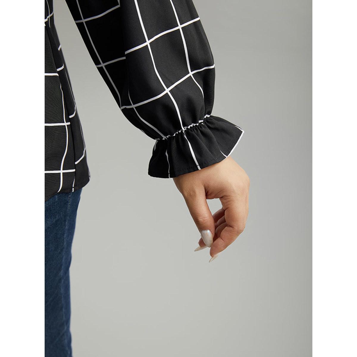 Plus Size Black Plaid Stand Collar Ruffles Lantern Sleeve Blouse Women Office Long Sleeve Stand-up collar Work Blouses BloomChic 26/4X Product Image