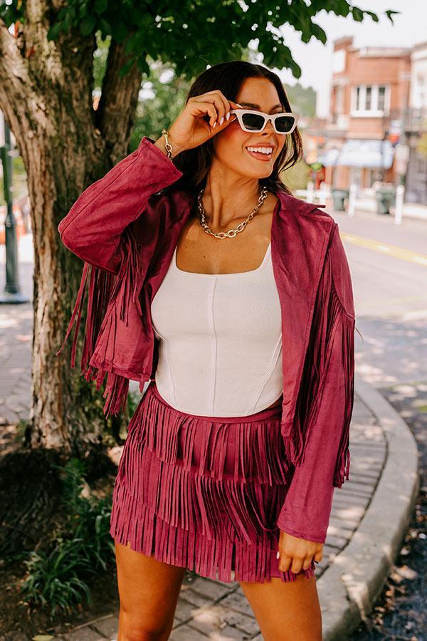 Boho Flow Faux Suede Fringe Skirt in Maroon Product Image