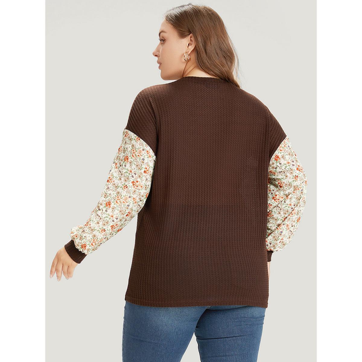 Plus Size Ditsy Floral Patchwork Lantern Sleeve Waffle Knit Sweatshirt Women DarkBrown Elegant Round Neck Dailywear Sweatshirts BloomChic 10/M Product Image