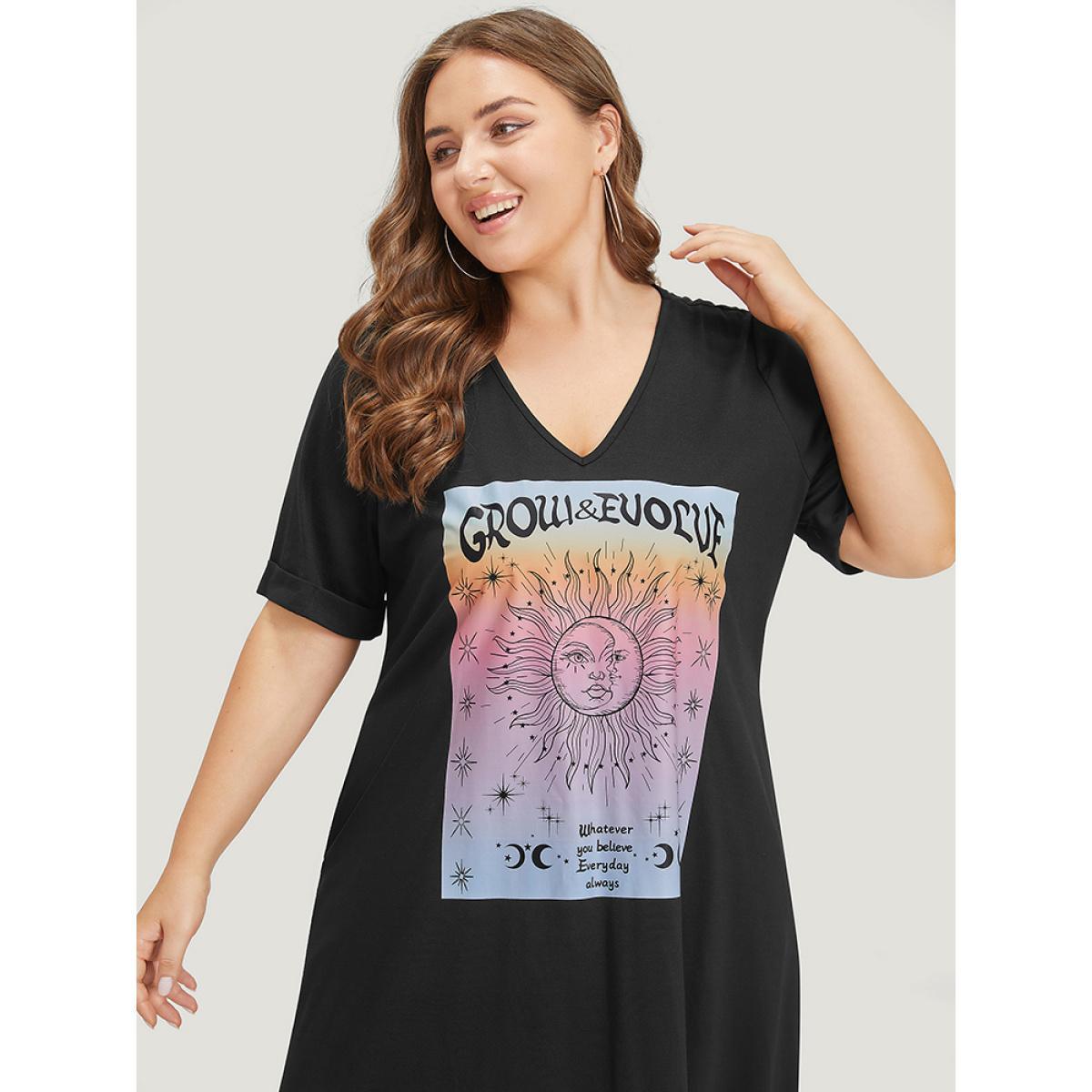 Plus Size Supersoft Essentials Horoscope Print Pocket Roll Sleeve Dress Black Women Casual Plain V-neck Short sleeve Curvy Midi Dress BloomChic 12/L Product Image