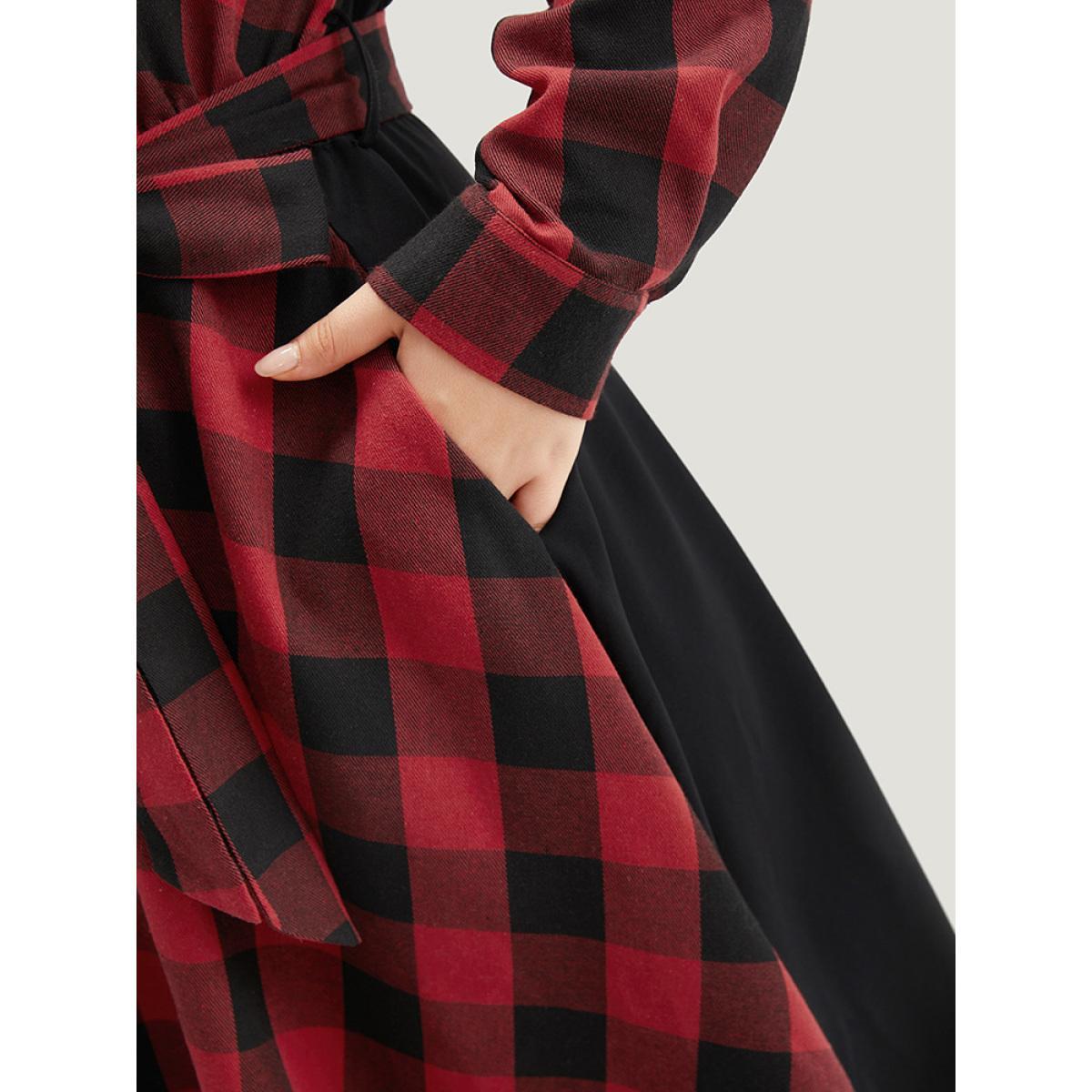 Plus Size Plaid Patchwork Belted Hanky Hem Dress Black Women Casual Belted V-neck Long Sleeve Curvy Midi Dress BloomChic 18-20/2X Product Image