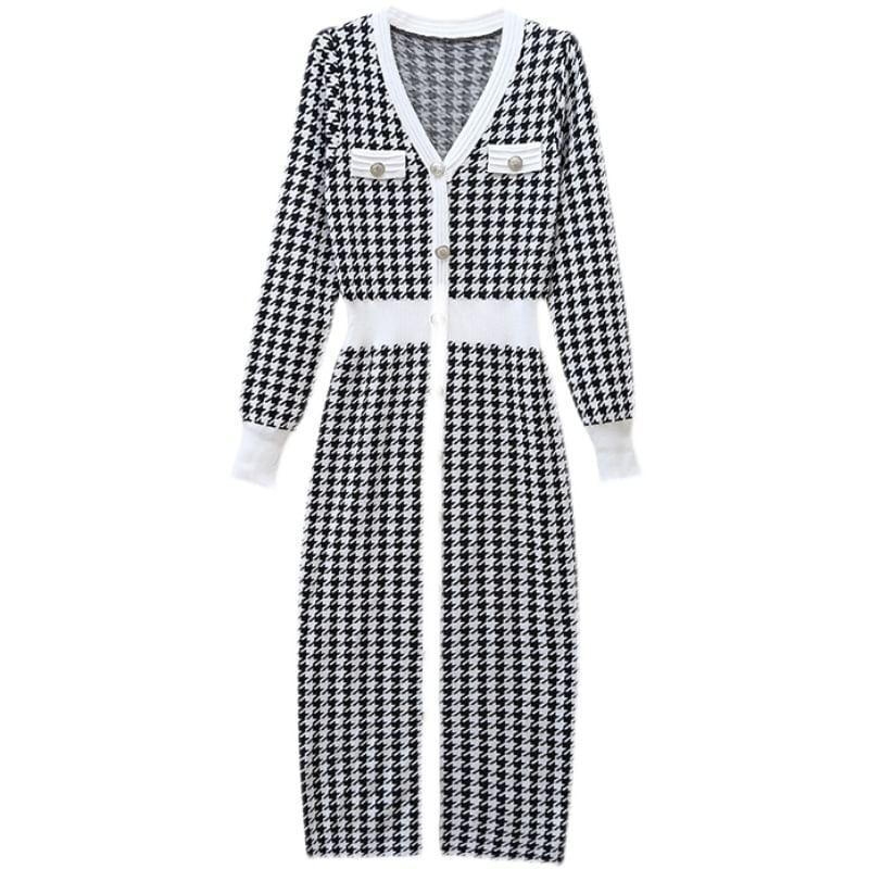 Long Sleeve V-Neck Houndstooth Button Knit Midi Sheath Dress Product Image