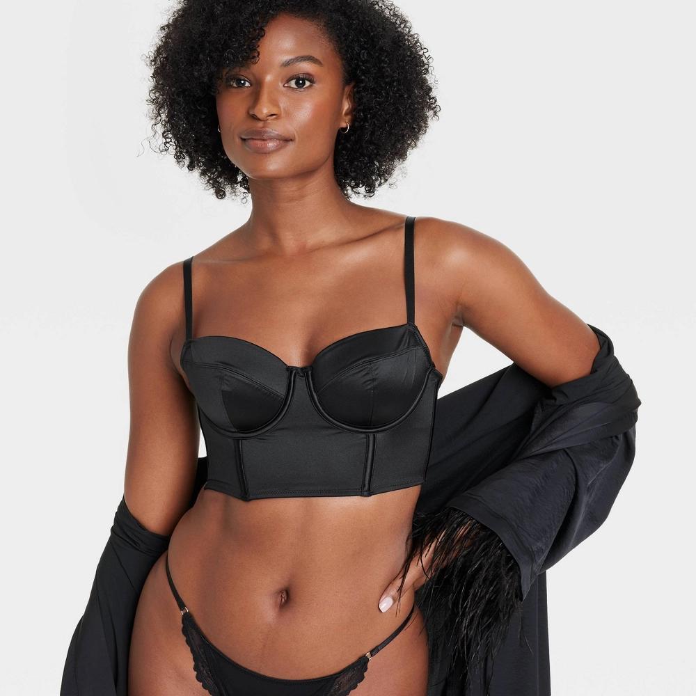 Women's Satin Lightly Lined Lingerie Corset - Auden™ Black XS: Adjustable Strap, Back Hook Fastener, Knit Product Image