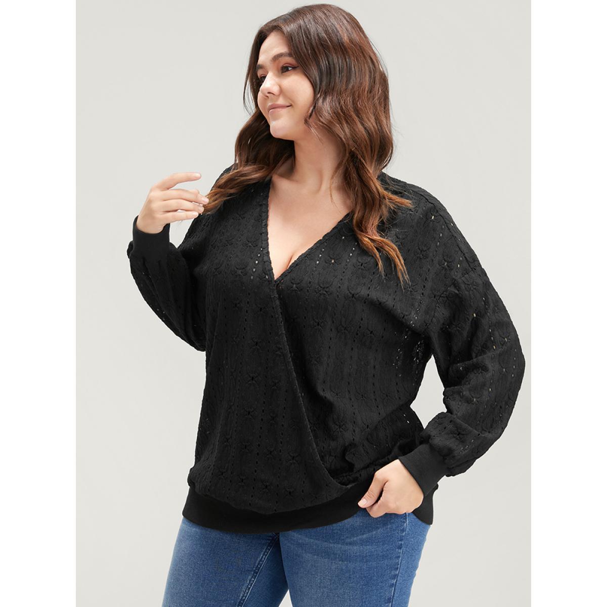 Plus Size Solid Wrap Eyelet Lace Sweatshirt Women Black Elegant Wrap V-neck Dailywear Sweatshirts BloomChic 10/M Product Image
