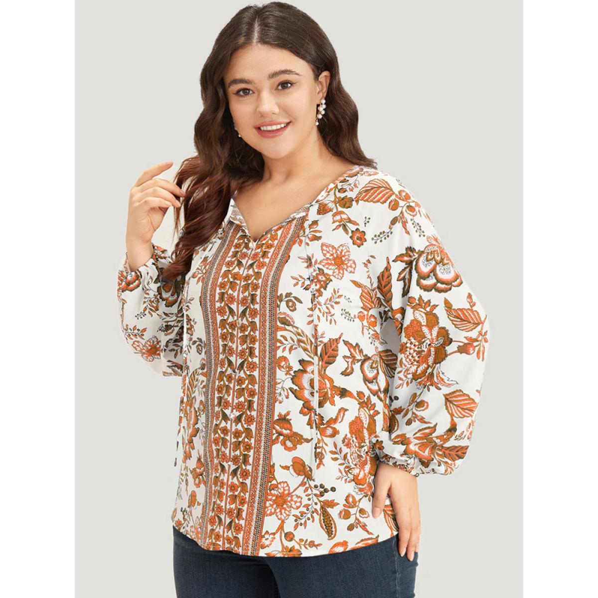 Plus Size Chocolate Boho Print Knot Neck Lantern Sleeve Blouse Women Vacation Long Sleeve Tie Neck Dailywear Blouses BloomChic 28/5X Product Image