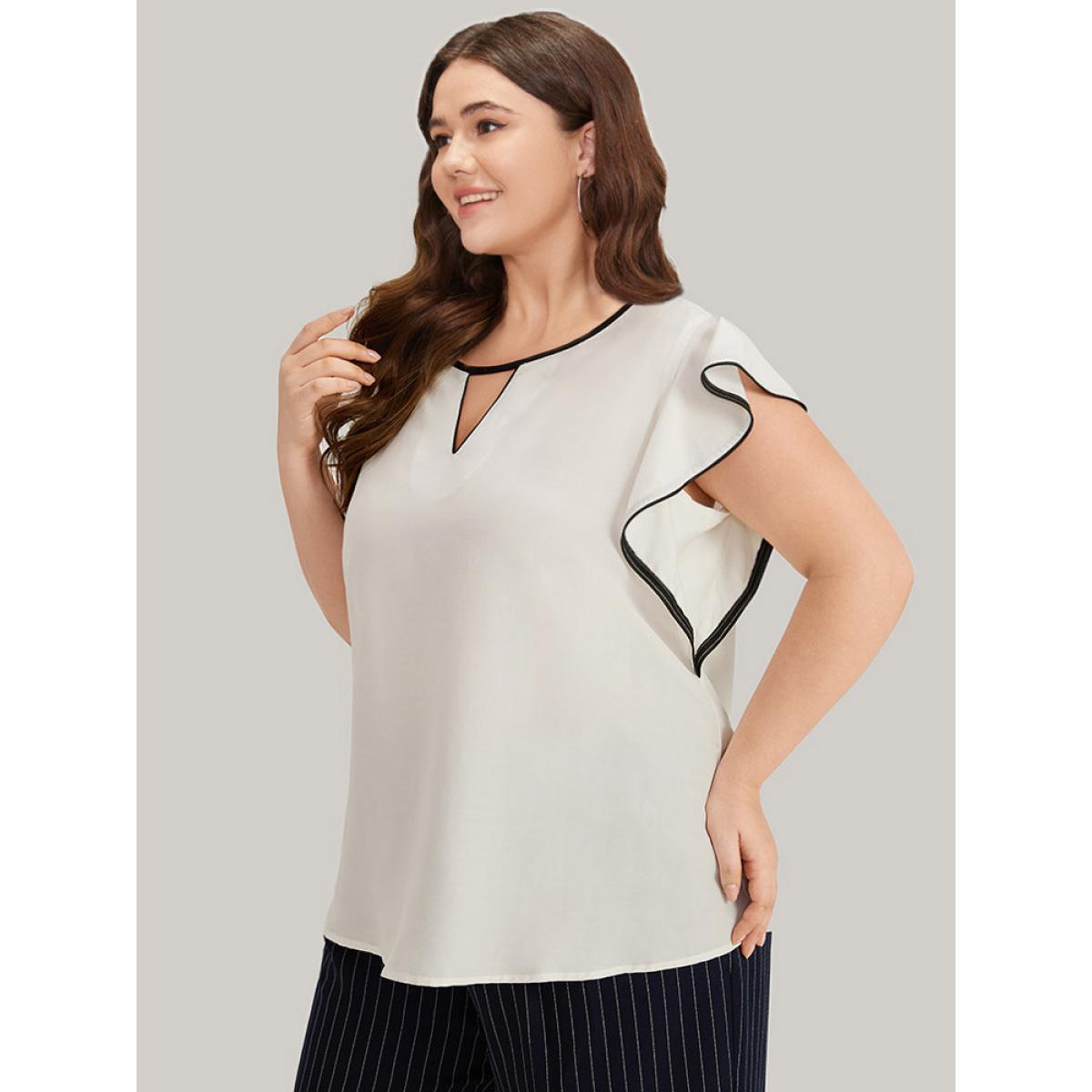 Plus Size Ivory Contrast Keyhole Ruffle Trim Cap Sleeve Blouse Women Office Cap Sleeve Keyhole Cut-Out Work Blouses BloomChic 18-20/2X Product Image