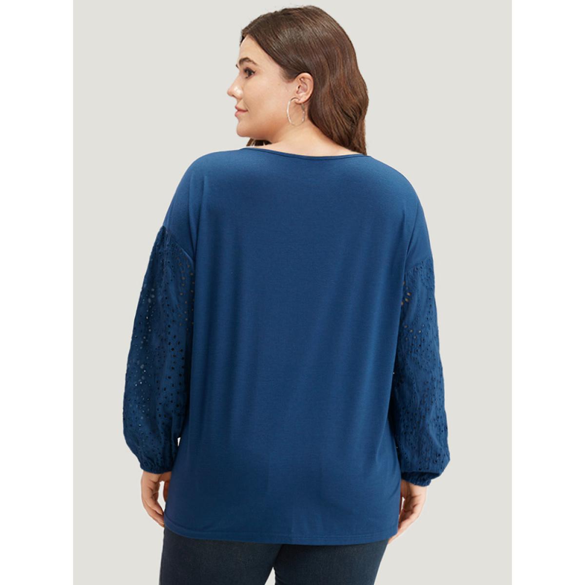 Plus Size V Neck Broderie Anglaise Patchwork Lantern Sleeve T-shirt Aegean Women Elegant Elastic cuffs Plain V-neck Dailywear T-shirts BloomChic 14-16/1X Product Image