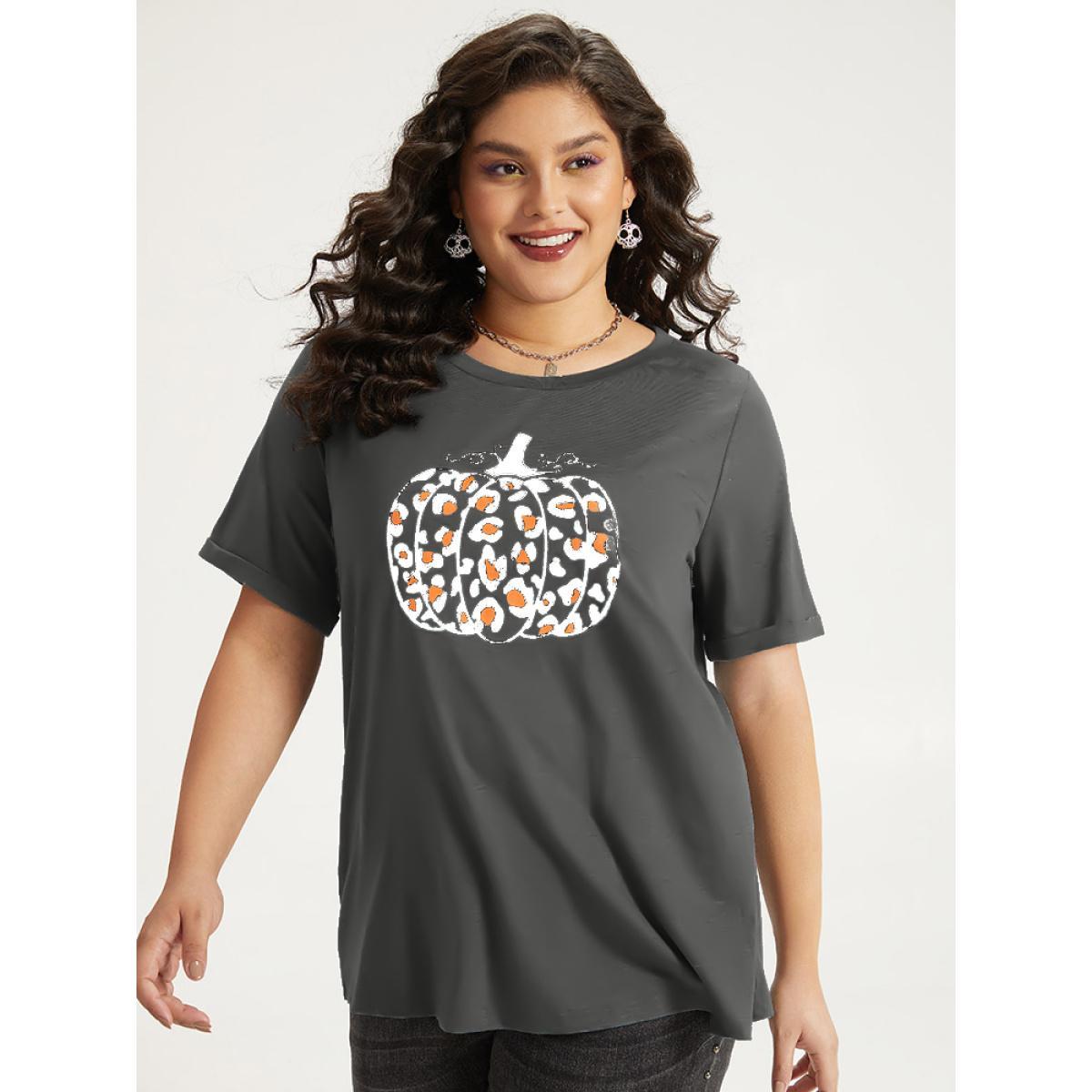 Plus Size Halloween Pumpkin Print Crew Neck T-shirt DimGray Women Casual Printed Halloween Dailywear T-shirts BloomChic 14-16/1X Product Image
