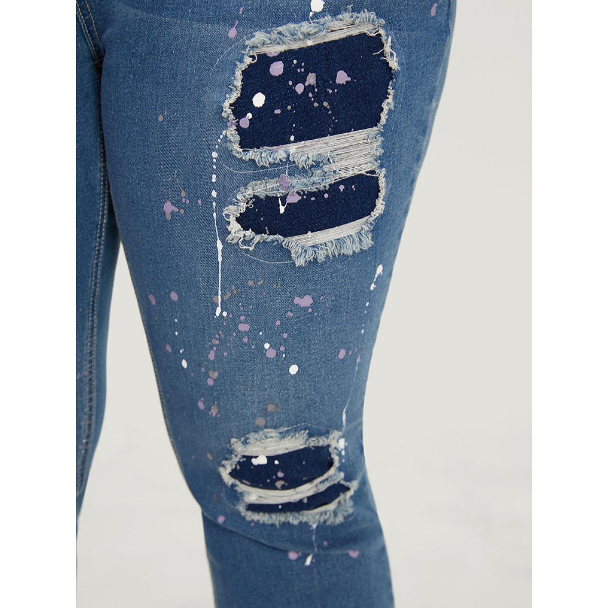 Plus Size Very Stretchy High Rise Medium Wash Paint Patched Jeans Women Blue Casual Plain Printed High stretch Pocket Jeans BloomChic 18/2X Product Image