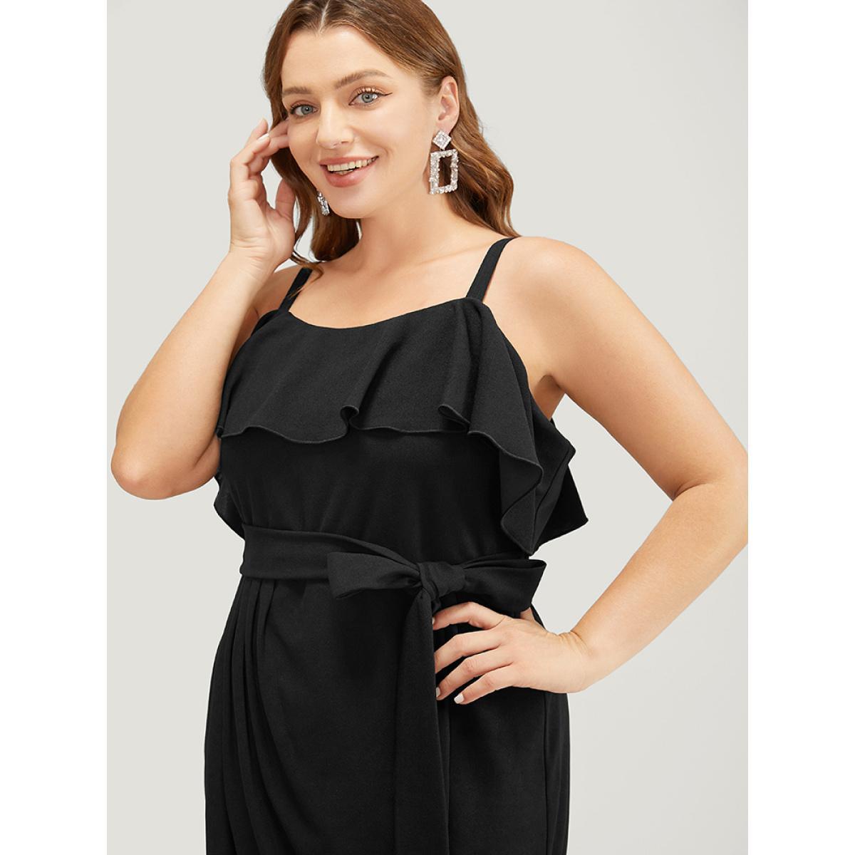 Plus Size Solid Ruffle Trim Belt Pleated Detail Bodycon Cami Dress Black Women Glamour Adjustable Straps Spaghetti Strap Sleeveless Curvy Midi Dress BloomChic 30/6X Product Image