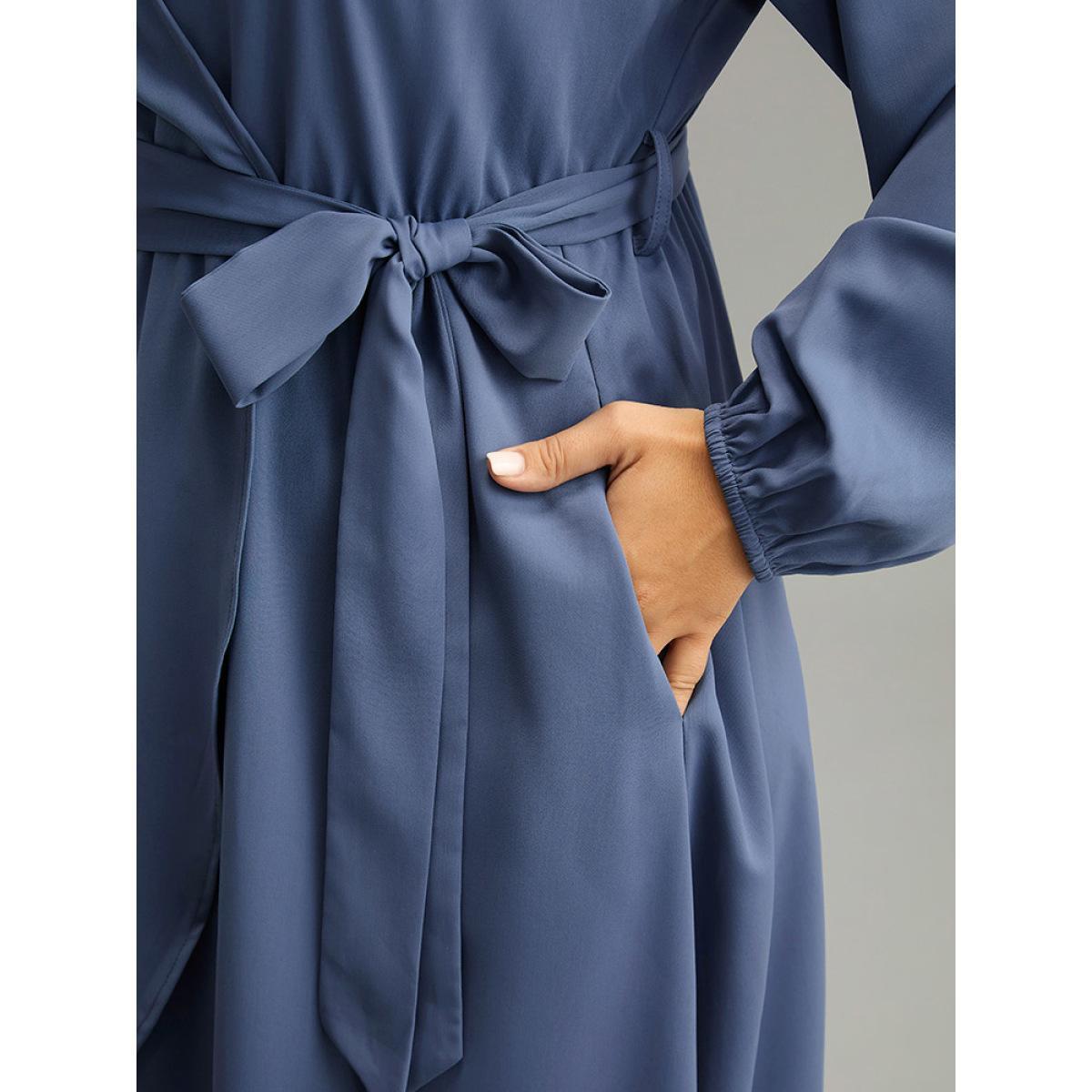 Plus Size Anti-Wrinkle Wrap Layered Belted Dress Stone Women Elegant Plain V-neck Long Sleeve Curvy Midi Dress BloomChic 12/L Product Image