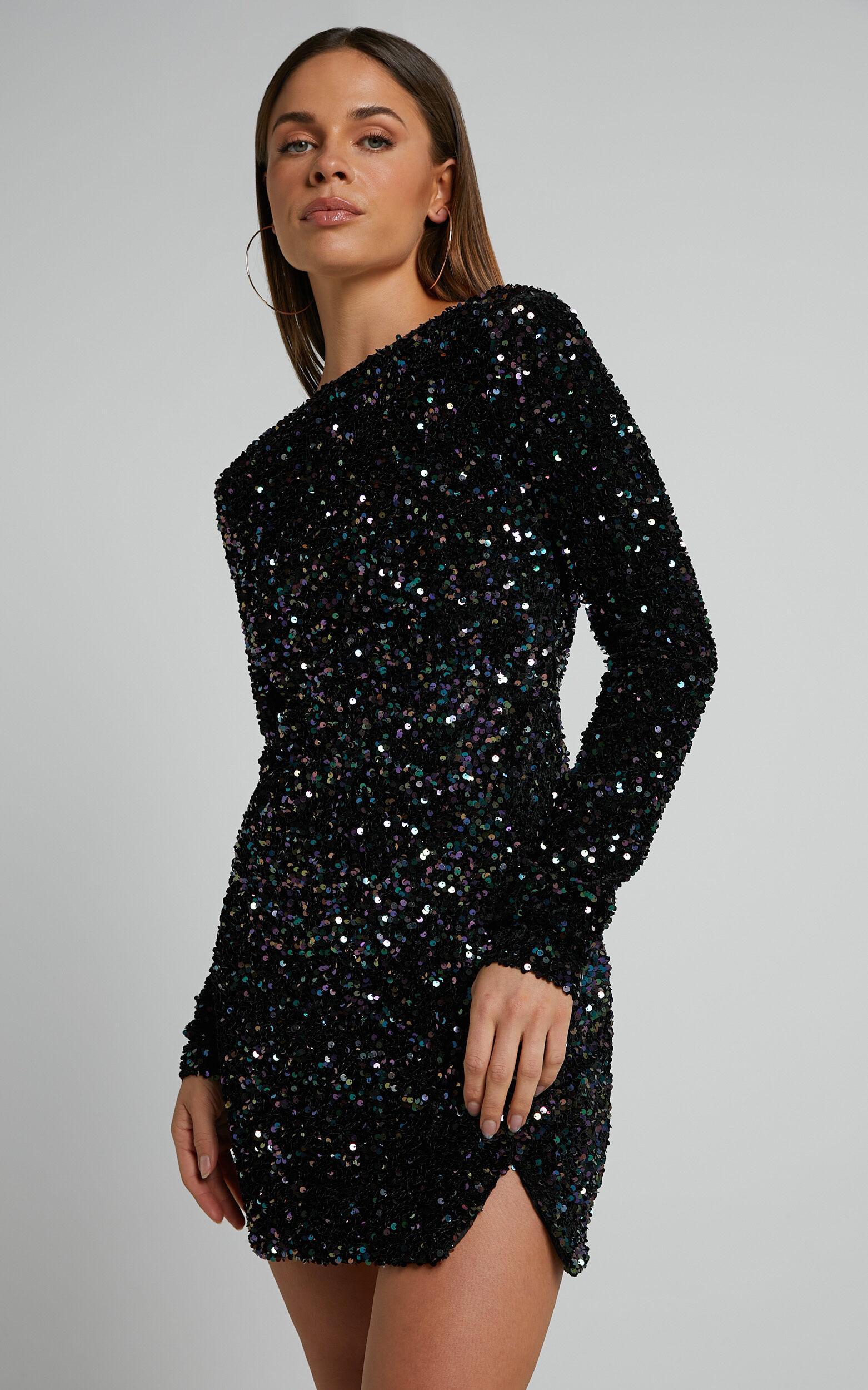 Tracy Mini Dress - Sequin Long Sleeve Backless Dress in Black Product Image