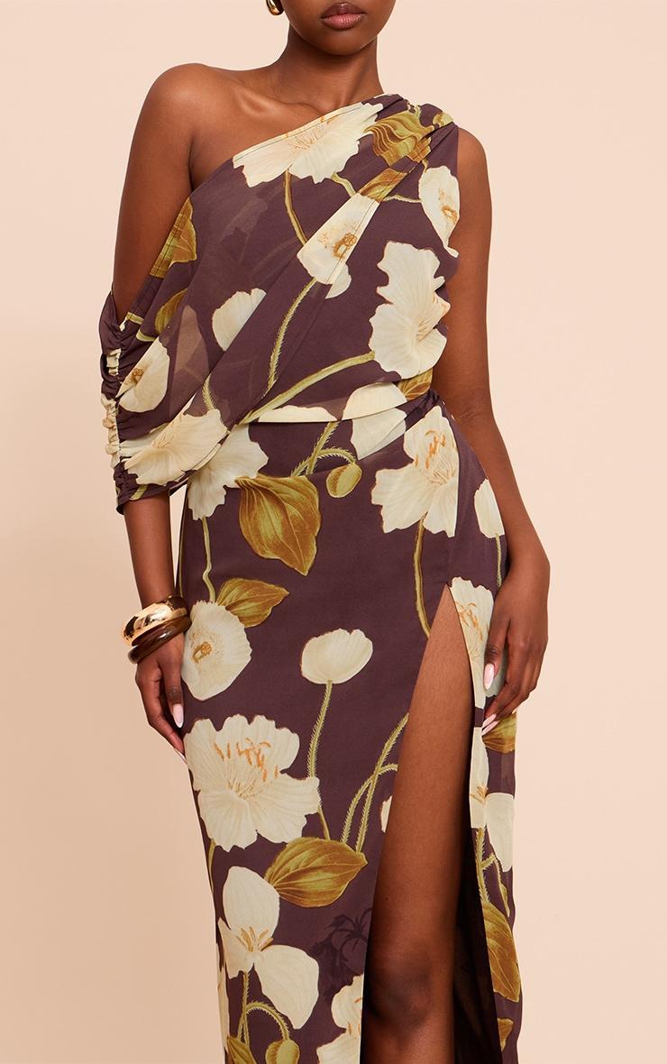 Chocolate Printed Chiffon Drape Detail Maxi Dress Product Image