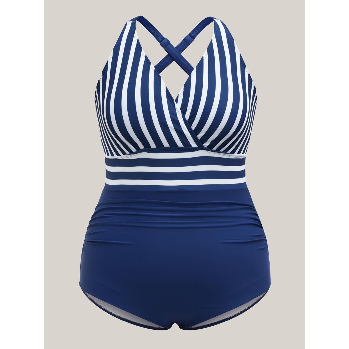 Plus Size Stripes and Solid Surplice One-Piece Swimsuit Women's Swimwear Indigo Beach Gathered Curve Bathing Suits High stretch One Pieces BloomChic 12/L Product Image
