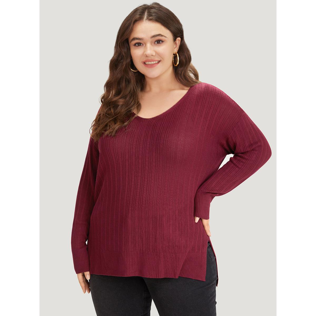 Plus Size Supersoft Essentials Plain Rib Knit Split Side Pullover Burgundy Women Casual Bodycon Long Sleeve Round Neck Dailywear Pullovers BloomChic 14-16/1X Product Image