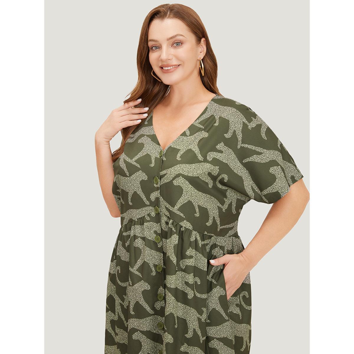 Plus Size Animal Print Batwing Sleeve Flutter Pocket Button Up Dress ArmyGreen Women Vacation Button V-neck Short sleeve Curvy Knee Dress BloomChic 30/6X Product Image