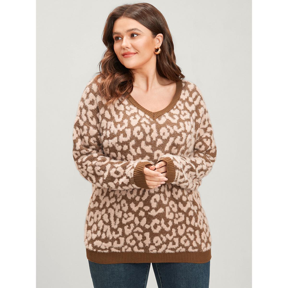 Plus Size Leopard Pointelle Knit V Neck Fluffy Knit Top Bronze Women Casual Loose Long Sleeve V-neck Dailywear Pullovers BloomChic 12/L Product Image