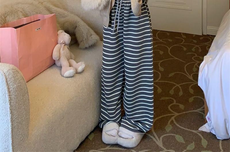 Plain Zip-Up Hoodie / V-Neck Lace Panel Bow Accent Crop Camisole Top / Drawstring Waist Striped Wide Leg Pants Product Image