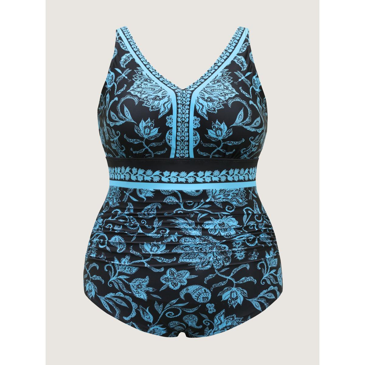 Plus Size Boho Floral Print Ruched One-Piece Swimsuit Women's Swimwear Teal Beach Gathered Curve Bathing Suits High stretch One Pieces BloomChic 22-24/3X Product Image