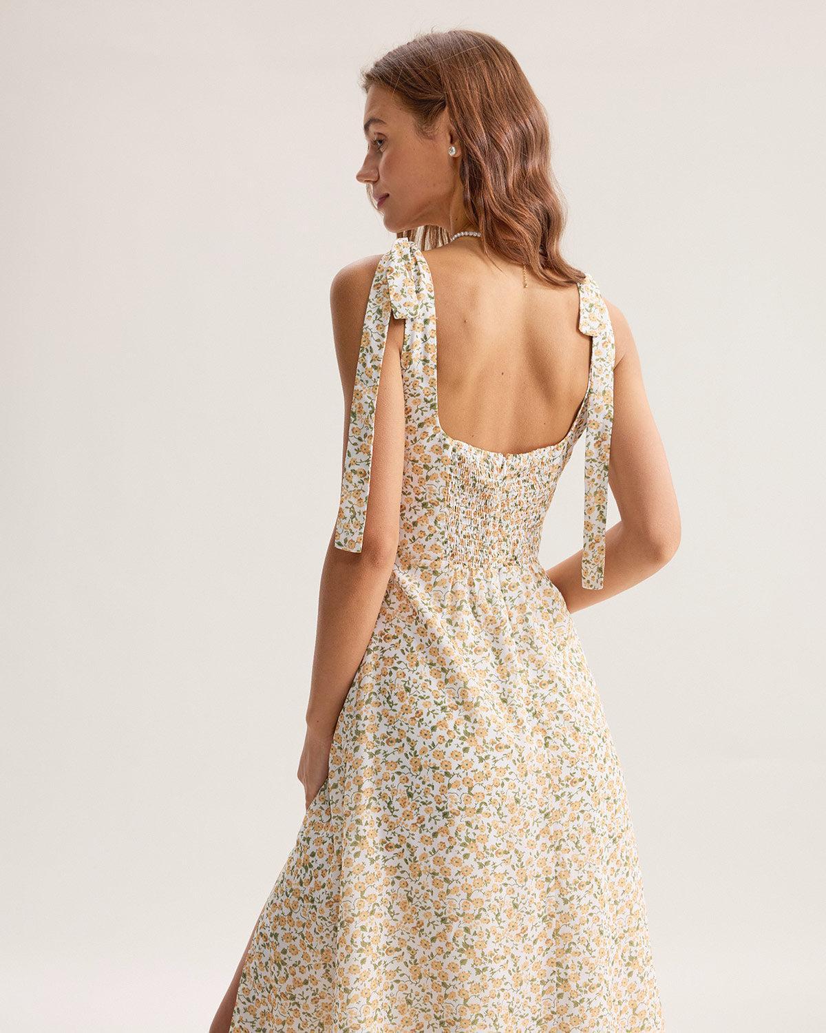 Yellow Floral Shirred Slip Midi Dress Product Image