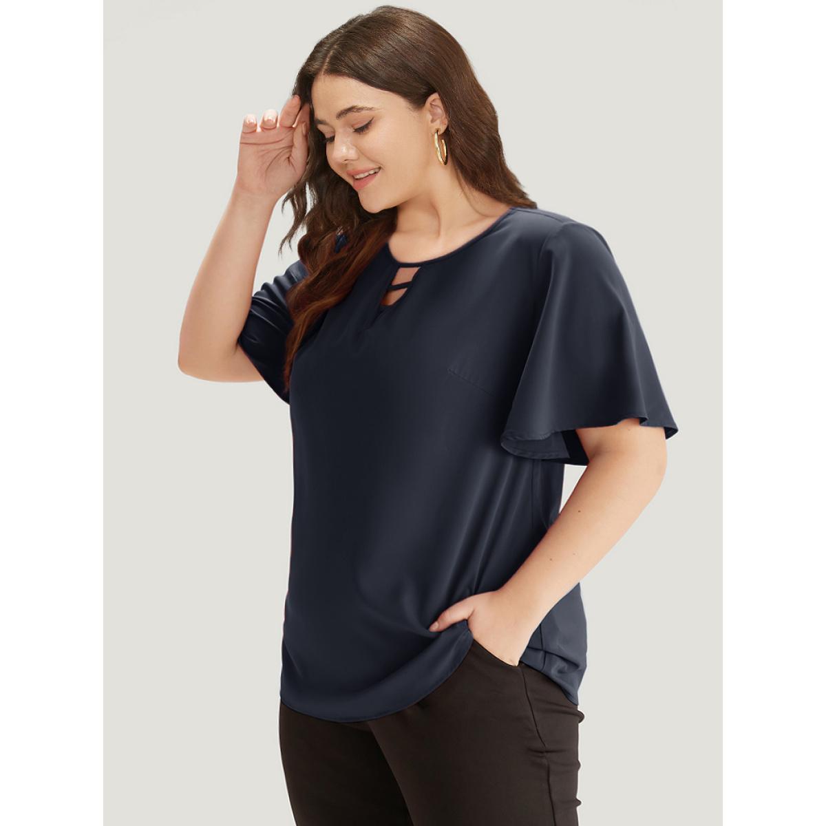 Plus Size Indigo Plain Ruffle Sleeve Cut Out Blouse Women Office Short sleeve Keyhole Cut-Out Work Blouses BloomChic 22-24/3X Product Image