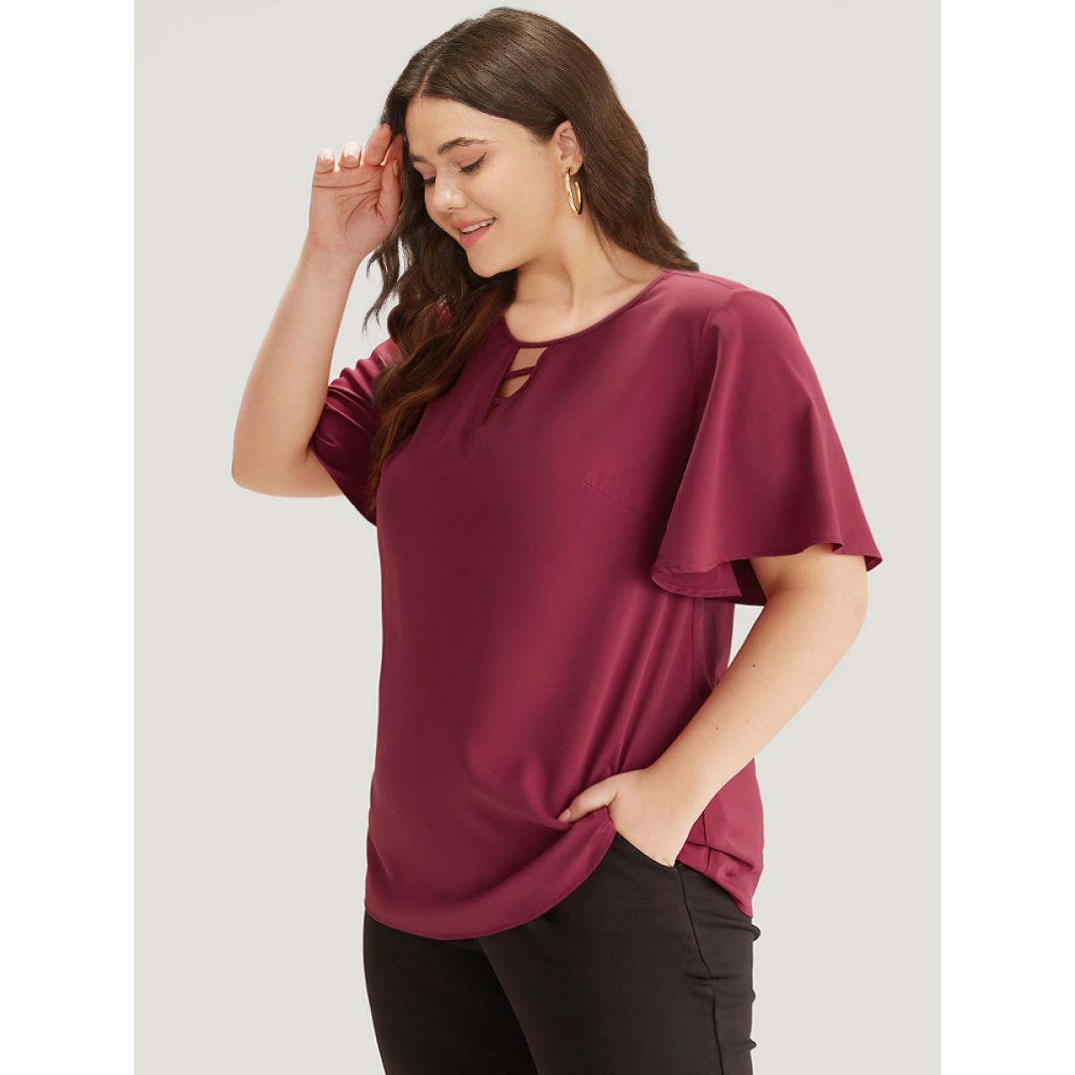 Plus Size Indigo Plain Ruffle Sleeve Cut Out Blouse Women Office Short sleeve Keyhole Cut-Out Work Blouses BloomChic 30/6X Product Image
