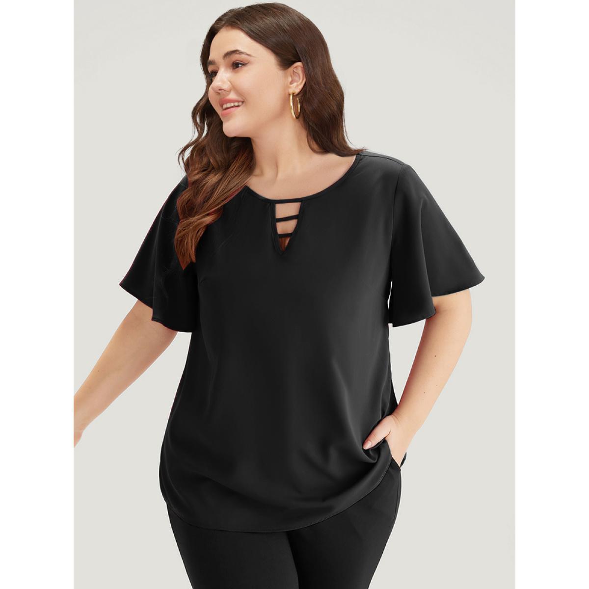 Plus Size Indigo Plain Ruffle Sleeve Cut Out Blouse Women Office Short sleeve Keyhole Cut-Out Work Blouses BloomChic 22-24/3X Product Image