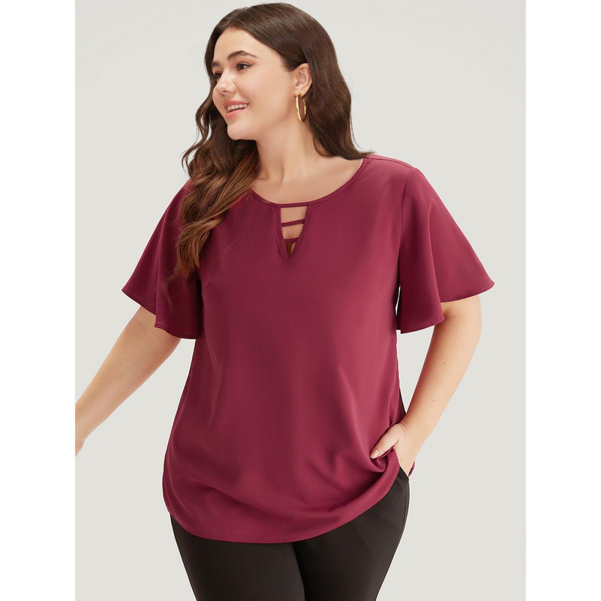Plus Size Indigo Plain Ruffle Sleeve Cut Out Blouse Women Office Short sleeve Keyhole Cut-Out Work Blouses BloomChic 30/6X Product Image