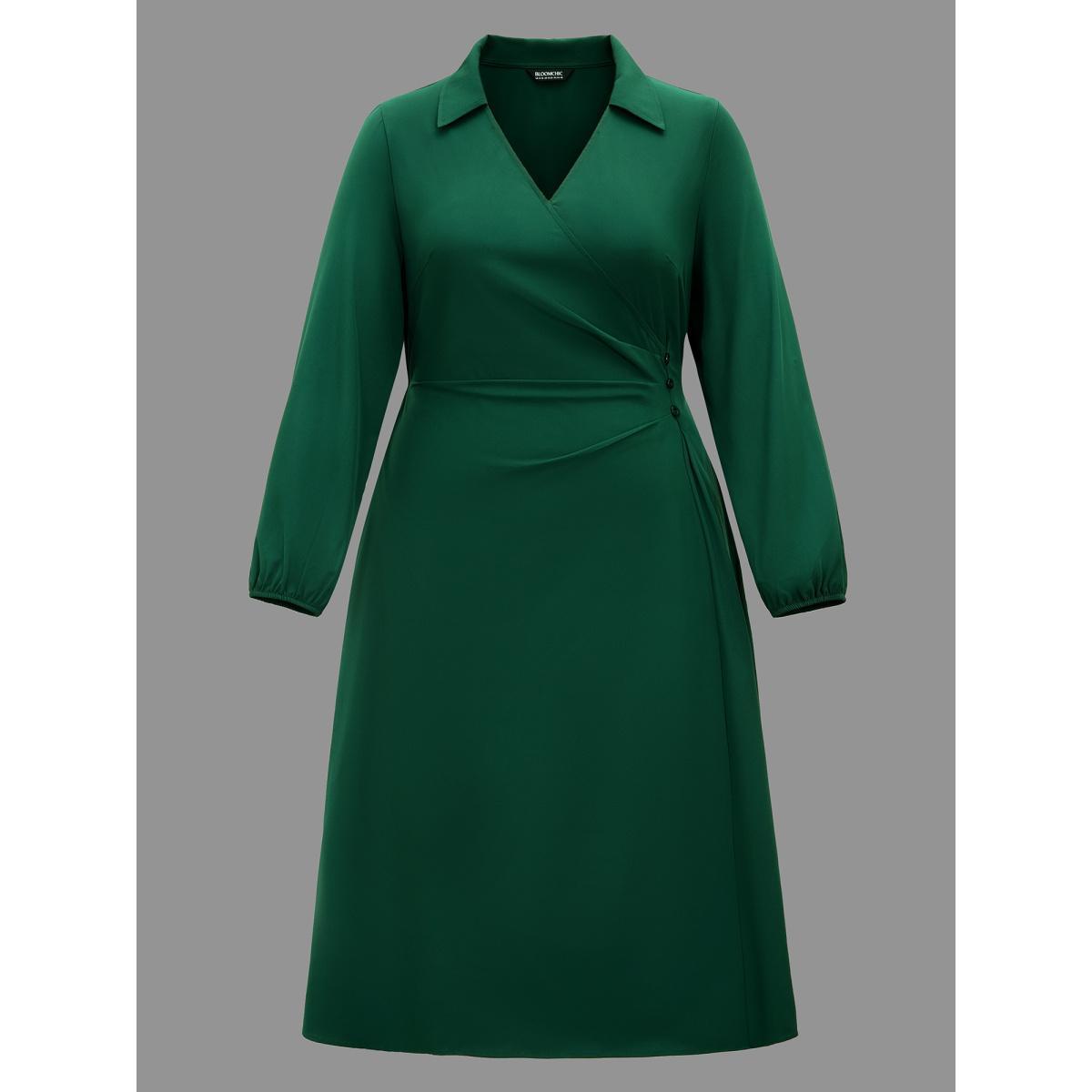 Plus Size Shirt Collar Pleated Button Detail Dress ArmyGreen Women At the Office Pleated Shirt collar Long Sleeve Curvy BloomChic 28/5X Product Image