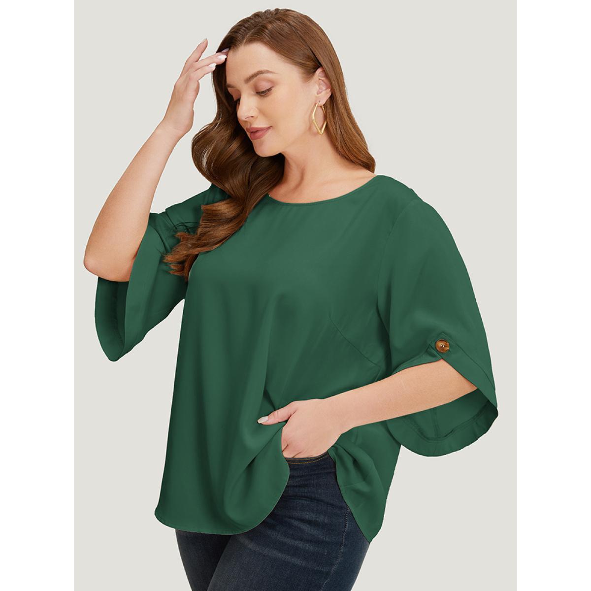 Plus Size ArmyGreen Solid Button Detail Flounce Sleeve Blouse Women Office Elbow-length sleeve Round Neck Dailywear Blouses BloomChic 28/5X Product Image