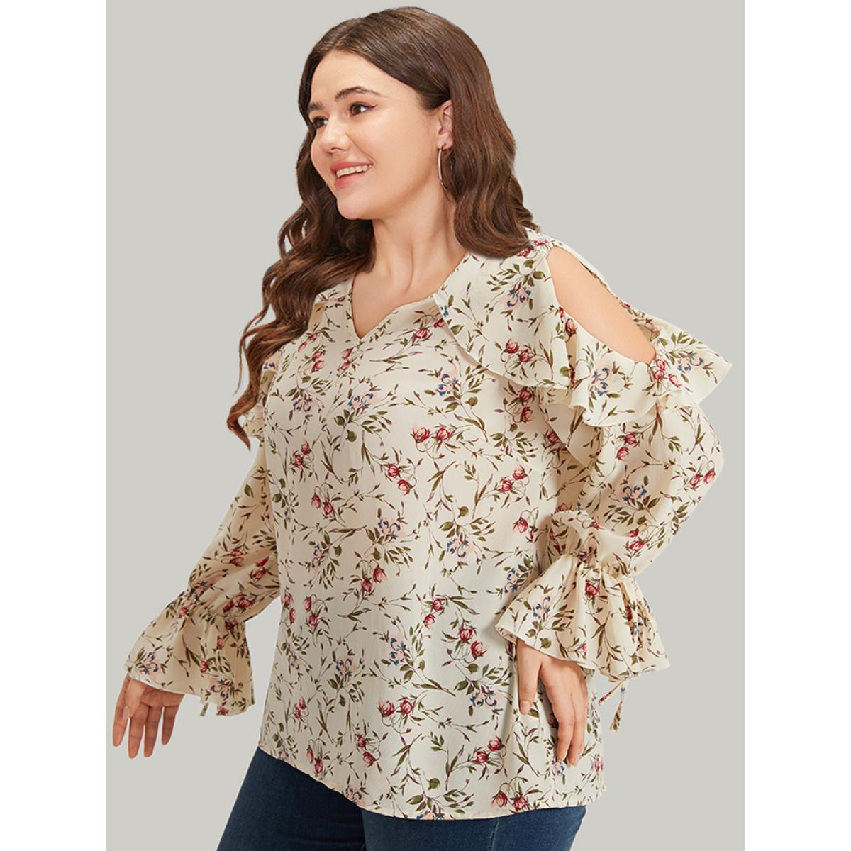 Plus Size Ivory Ditsy Floral Cold Shoulder Ties Ruffle Trim Blouse Women Elegant Long Sleeve V-neck Dailywear Blouses BloomChic 18-20/2X Product Image