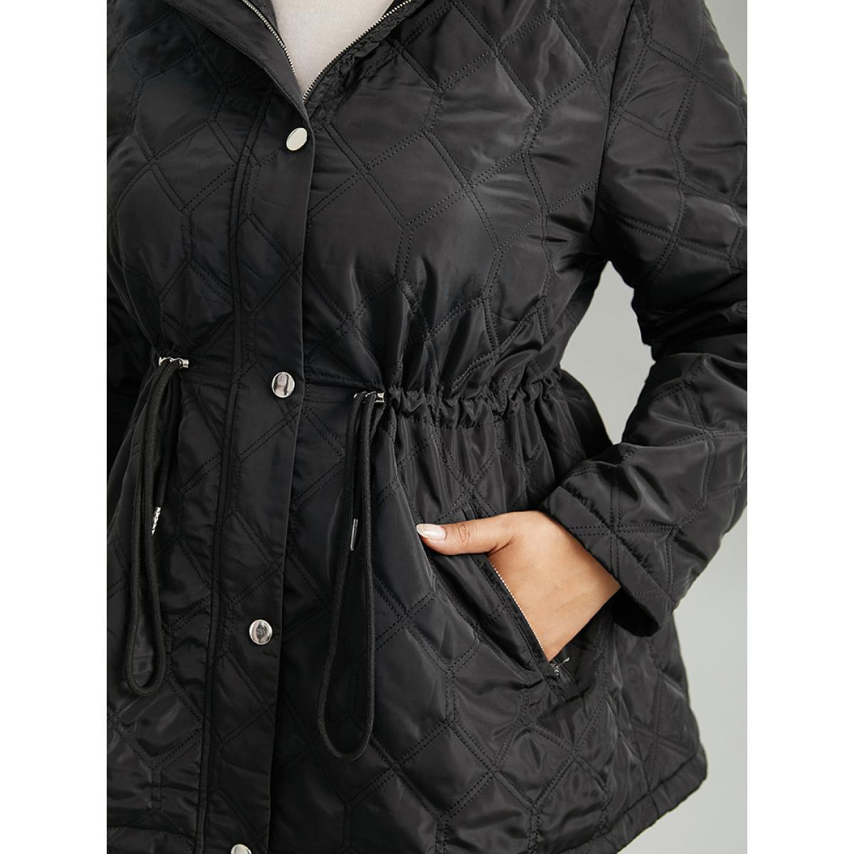 Plus Size Plain Button Up Drawstring Hooded Coat Women Black Casual Plain Ladies Dailywear Winter Coats BloomChic 12/L Product Image