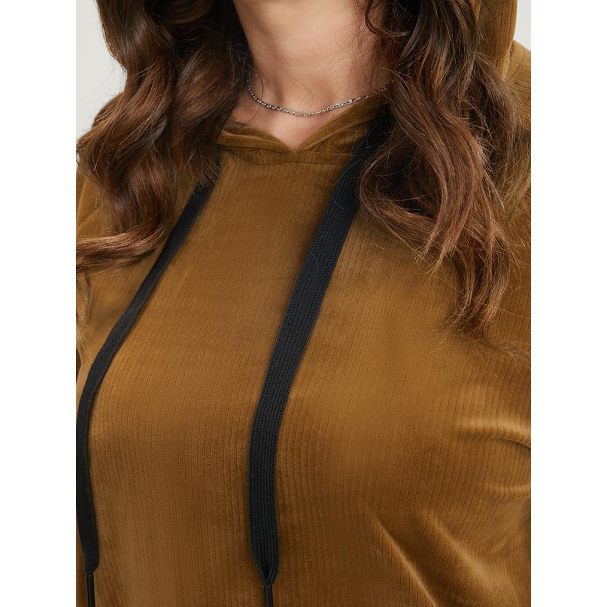 Plus Size Solid Corduroy Drawstring Hooded Sweatshirt Women DarkBrown Casual Drawstring Hooded Dailywear Sweatshirts BloomChic 18-20/2X Product Image