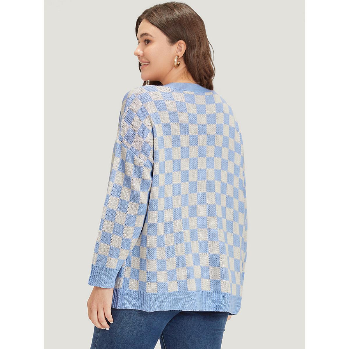Plus Size Plaid Print Open Front Elastic Cuffs Cardigan LightBlue Women Casual Loose Long Sleeve Dailywear Cardigans BloomChic 30/6X Product Image