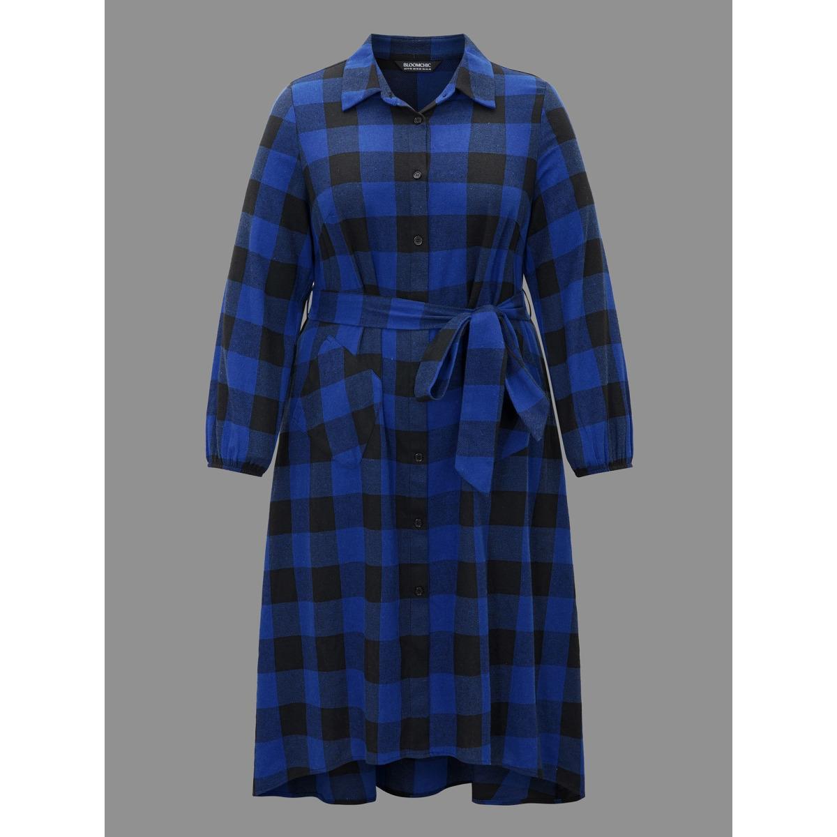 Plus Size Plaid Patch Pocket Belted Midi Dress DarkBlue Women Casual Belted Shirt collar Long Sleeve Curvy BloomChic 26/4X Product Image