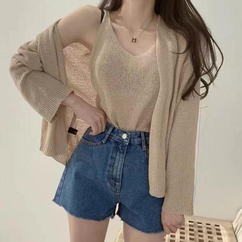 Set: V-Neck Plain Knit Crop Tank Top + Cardigan Product Image