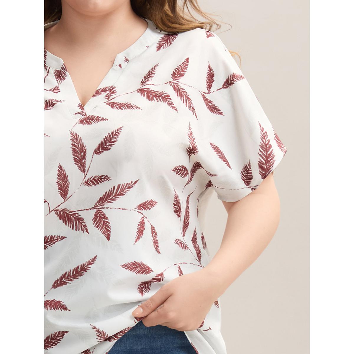 Plus Size WhiteSmoke Leaf Print Notched Collar Blouse Women Casual Short sleeve Flat collar with V-notch Everyday Blouses BloomChic 12/L Product Image