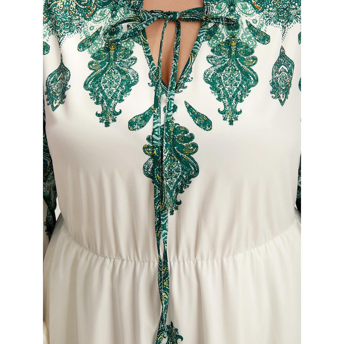 Plus Size Bandana Print Tie Neck Lantern Sleeve Dress Green Women Vacation Elastic cuffs Notched collar Long Sleeve Curvy Midi Dress BloomChic 14-16/1X Product Image
