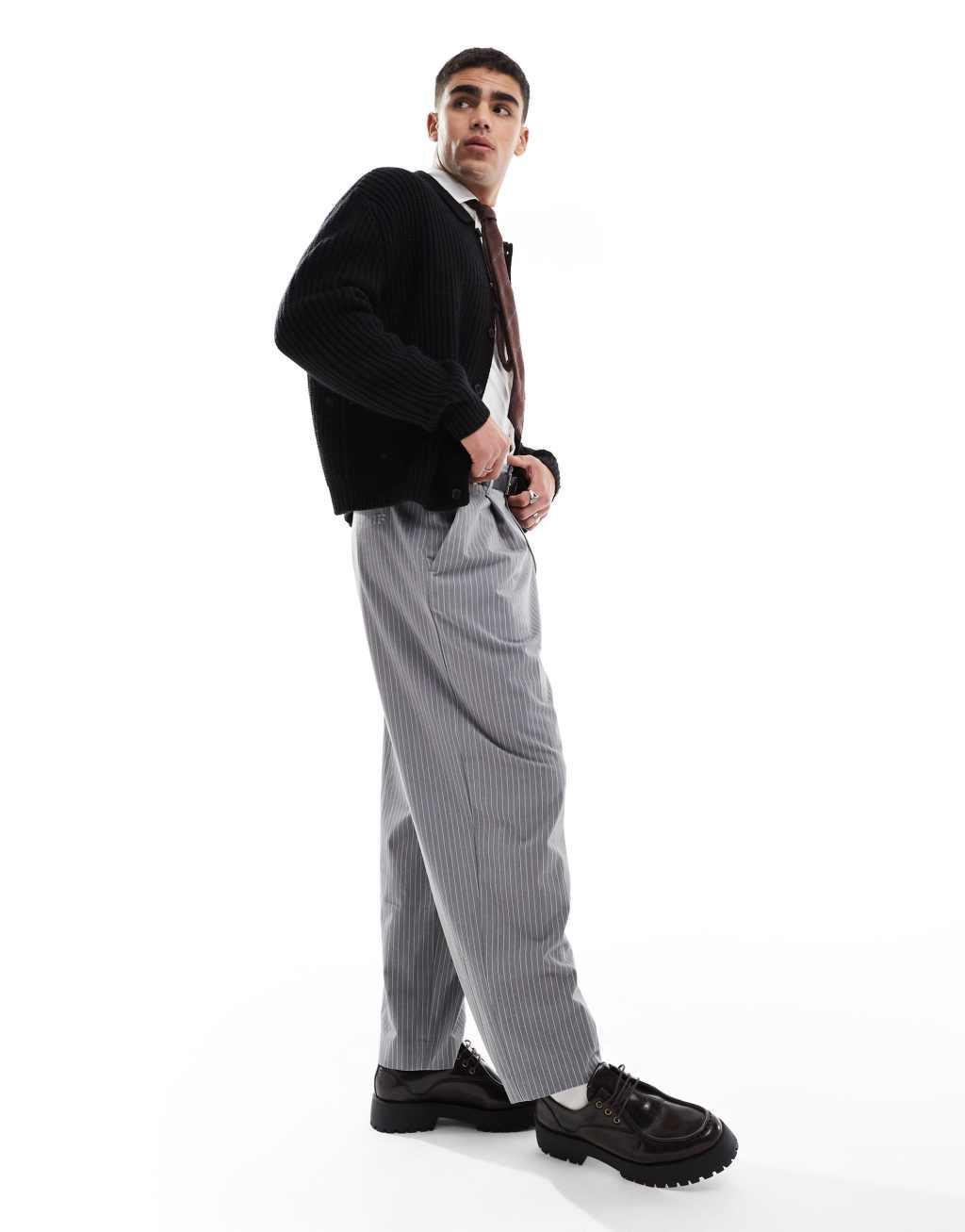 Pull&Bear wide leg tailored stripe pants in gray Product Image