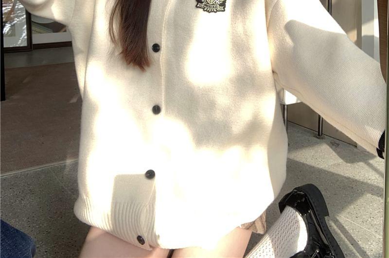 V-Neck Embroidered Striped Trim Button-Up Cardigan Product Image