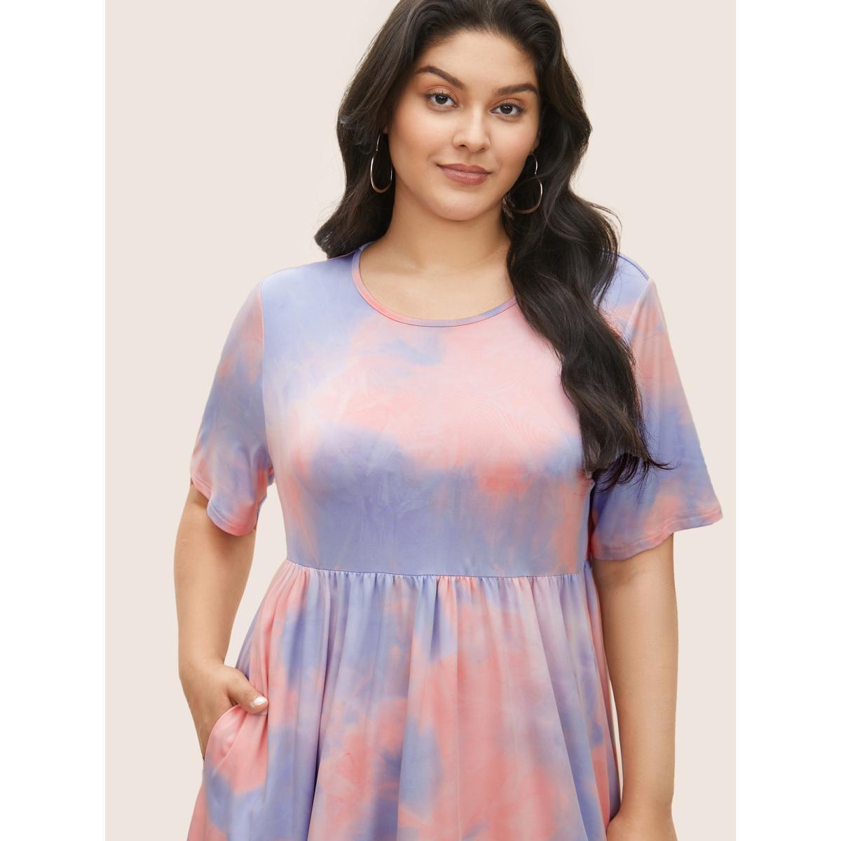 Plus Size Tie Dye Gathered Round Neck Pocket Dress Multicolor Women Casual Gathered Round Neck Short sleeve Curvy Midi Dress BloomChic 18-20/2X Product Image