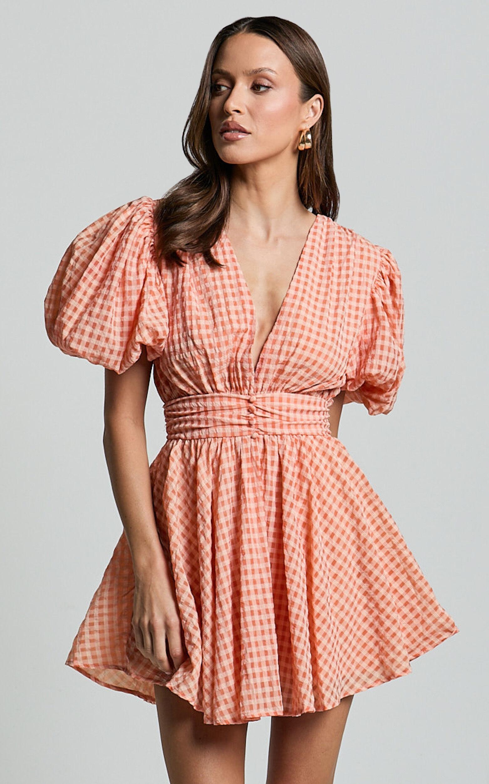 Xandy Mini Dress - Textured Puff Sleeve Plunge Dress in Peach Product Image