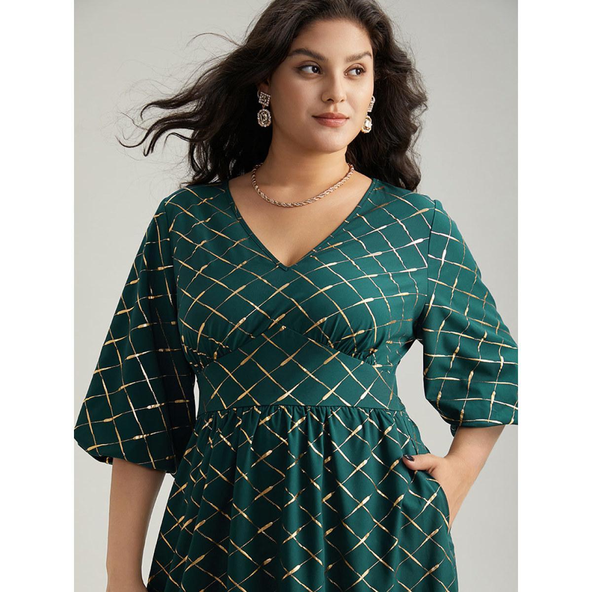 Plus Size Glitter Plaid Lantern Sleeve Ruffle Hem Dress DarkGreen Women Party Elastic cuffs V-neck Elbow-length sleeve Curvy Midi Dress BloomChic 28/5X Product Image